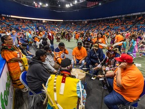 Hundreds of people attend the STC powwow at SaskTel Centre as part of National Truth and Reconciliation Day in Saskatoon on Sept. 30, 2022.