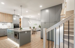 Hometown Homes’ parade home features a chef-pleasing kitchen with floor-to-ceiling modern Shaker cabinets, complemented by a custom hood range and wine cubby crafted from natural pine.