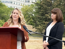 Saskatchewan NDP Opposition Leader Carla Beck (right) and nurse practitioner Jenna-Lee Hostin held a media scrum on Sept. 16, 2022 in Kinsmen Park to urge the Saskatchewan Party government to make changes to its health staffing plans. (Supplied photo)