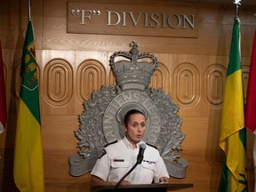 REGINA, SASK : September 5, 2022-- Assistant Commissioner Rhonda Blackmore speaks during a press conference at RCMP "F" Division Headquarters on Monday, September 5, 2022 in Regina. KAYLE NEIS / Regina Leader-Post