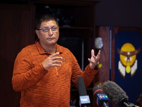 Saskatoon Tribal Chief Chief Mark Arcand offers support to victims from James Smith Cree Nation during a press conference at the STC office in Saskatoon, Sask. on Tuesday, September 6, 2022.