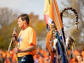 Saskatoon mayor Charlie Clark speaks during the Rock Your Roots Walk for Reconciliation on National Truth and Reconciliation Day in Saskatoon on Sept. 30, 2022
