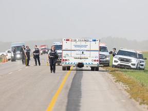 RCMP were on-scene on Highway 11 after the arrest of Myles Sanderson, north of Saskatoon, on Sept. 7, 2022.