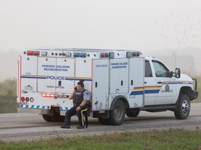 RCMP on scene on Highway 11 after the arrest of Myles Sanderson north of Saskatoon. Sanderson, subject of a four-day intensive manhunt, went into "medical distress" after his arrest and died.