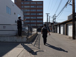 File photo. Special constables Kyndra Bischoff (left) and Shelby Woytowich, who are members of the alternative response unit, in downtown Saskatoon on Sept. 12, 2022.