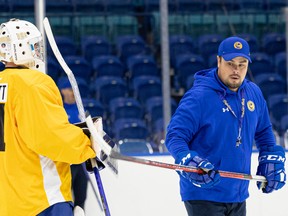 Saskatoon Blades' head coach Brennan Sonne on ice during training camp at SaskTel Centre. Photo taken in Saskatoon, Sask. on Thursday, September 1, 2022.