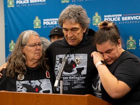 From left: Debbie Gallagher, Brian Gallagher and Lindsey Bisop at a press conference in September.