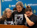 (from left) Debbie Gallagher, Brian Gallagher and Lindsey Bishop speak at a press conference after the arrest of a man charged with first-degree murder in the death of Megan Gallagher.
