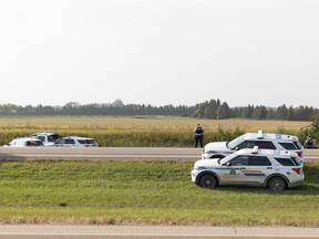 RCMP on scene on Highway 11 after the arrest of Myles Sanderson North of Saskatoon. Photo taken in Saskatoon, Sask. on Wednesday, September 6, 2022.