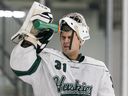 In this file photo, University of Saskatchewan Huskies goaltender Roddy Ross is shown playing against the Regina University Cougars of Western Canadian men's hockey at Merillis Bershire Place. Photo taken in Saskatoon on Saturday, January 15, 2022.