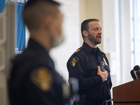 Sgt. Tom Gresty demonstrates the body-worn cameras that 40 members of the Saskatoon Police Service will be wearing as part of their pilot project. Photo taken in Saskatoon, Sask. on Tuesday, March 1, 2022.