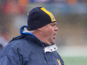 Saskatoon Hilltops head coach Tom Sargeant reacts to a play as his team takes on the Edmonton Huskies in the PFC semifinal in Saskatoon on Sunday, Oct. 23, 2022.