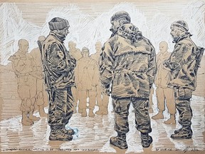 Canadian Soldier Waiting to be Translated by Richard Johnson is part of the exhibition On Guard for Thee, on display at St. Thomas More Art Gallery through Dec. 16, 2022.