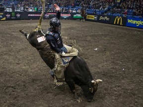 Aaron Roy, shown competing at SaskTel Centre in 2019, is back for this weekend's PBR Saskatoon Classic.
