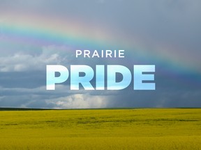 A yellow canola field with a rainbow stretching across the blue skies above it. The words 'Prairie Pride' are emblazoned overtop.