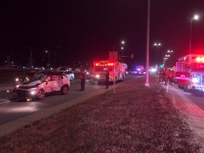 Two people were taken to hospital after a semi and SUV collided around 10:40 p.m. in the intersection at 22nd Street and Diefenbaker Drive in Saskatoon on Friday, Oct. 7 2022. PHOTO: Supplied by Saskatoon Fire Department