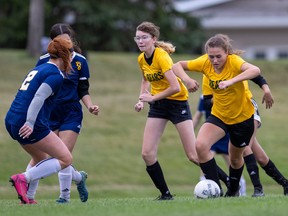 Saskatoon high school girls soccer action featuring Evan Hardy vs. Aden Bowman from September 22, 2022. Photo taken by Victor Pankratz.