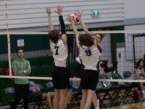 Boys high school volleyball action in Saskatoon on October 12, 2022. Photo by Victor Pankratz.