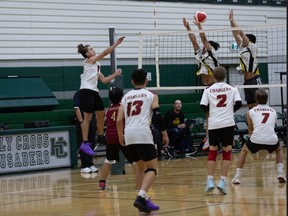 Saskatoon boys high school volleyball action on October 12, 2022. Photo by Victor Pankratz.