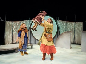 Krystle Pederson and Kathleen MacLean in Frozen River (nîkwatin sîpiy), a Manitoba Theatre for Young People production on Persephone Theatre's BackStage Stage, Nov. 9 to Dec. 9, 2022.