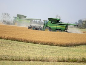 A pair of combines work together to get a crop off just east of Moose Jaw on Monday, September 12, 2022.