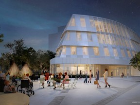 This artist's rendering shows what the exterior of the new central library in downtown Saskatoon, Saskatchewan, will look like at night. (Saskatoon Public Library)