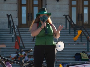 Naomi Hunter, leader of the Saskatchewan Green Party, is seen speaking at a rally at the Saskatchewan Legislative Building in Regina, Saskatchewan on Oct. 2, 2021.

BRANDON HARDER/ Regina Leader-Post
