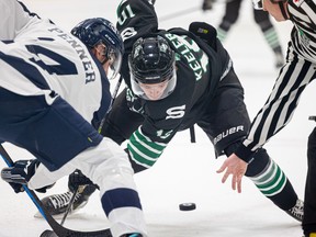 U of S Huskies face off against Trinity Western during first period action at Merlis Belsher plac in Saskatoon on Saturday, Oct. 1, 2022.