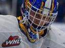 Saskatoon Blades goaltender Ethan Chadwick (33) reacts after a goal against him during the first period of WHL action against the Medicine Hat Tigers in Saskatoon on Friday, January 21, 2022.