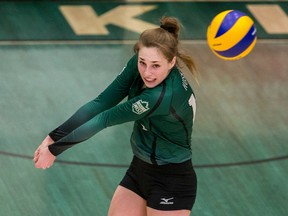 University of Saskatchewan Huskies outside hitter Olivia Mattern passes the ball against the University of Alberta Pandas during Canada West women's volleyball at the PAC on the U of S campus in Saskatoon on Saturday, February 8, 2020.