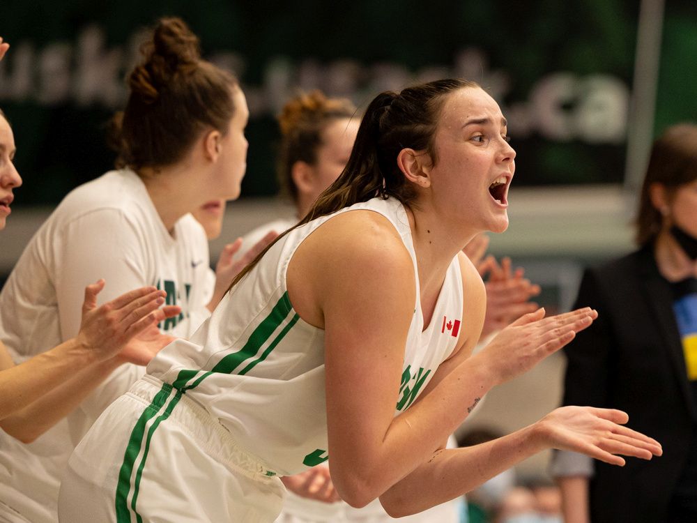 University of Saskatchewan Huskies cheer on their teammates as they take on the University of Lethbridge Pronghorns during the Canada West conference semi final at the PAC. Photo taken in Saskatoon, Sask. on Friday, March 18, 2022.