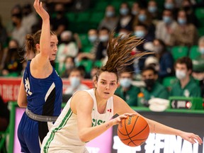 University of Saskatchewan Huskies' Carly Ahlstrom takes on the University of Lethbridge Pronghorns during the Canada West conference semi final at the PAC. Photo taken in Saskatoon, Sask. on Friday, March 18, 2022.