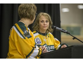 Celeste Leray-Leicht, right, and Carol Brons speak to the media following the Humboldt Broncos First Year Memorial service at Elgar Petersen Arena in Humboldt, SK on Saturday, April 6, 2019.