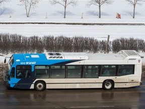 A Saskatoon Transit bus travels along College Drive in Saskatoon, SK on Tuesday, April 7, 2020.