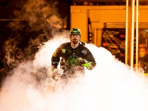 Saskatchewan Rush defenceman Matt Beers  takes the field as the Rush prepare to take on the Colorado Mammoth in NLL action in Saskatoon in April.