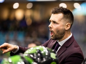 Saskatchewan Rush Head Coach Jimmy Quinlan addresses his players during NLL action against the Colorado Mammoth in Saskatoon on Saturday, April 16, 2022.