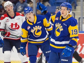 Saskatoon Blades forward Egor Sidorov (19) celebrates a goal during WHL action against the Lethbridge Hurricanes in Saskatoon on Tuesday, Oct. 4, 2022. The Blades hope to have Sidorov back in the lineup this weekend.