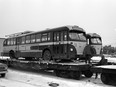 A photo of the last of Saskatoon's electric trolley buses being prepared for shipment to Vancouver, from Nov. 24, 1973.