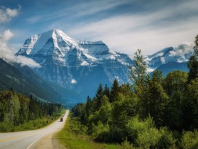 Scenic Yellowhead Highway in Mt. Robson Provincial Park with Mount Robson in the background.
