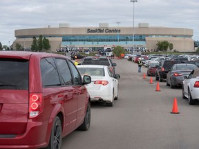 The parking lot at SaskTel Centre fills up in the photo taken in June of 2016 in Saskatoon, Saskatchewan.