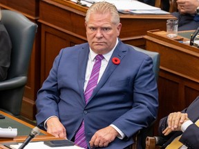 Ontario Premier Doug Ford sits in the Ontario Legislature during Question Period on Tuesday November 1, 2022, as members debate a bill meant to avert a planned strike by 55,000 education workers.