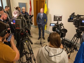 Education Minister Dustin Duncan speaks to reporters at the Legislative Building on Thursday, August 11, 2022 in Regina.
TROY FLEECE / Regina Leader-Post