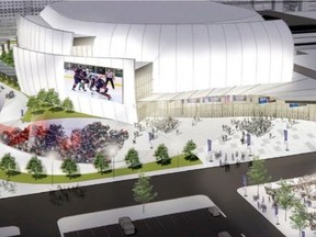 This artist's rendering shows what a new downtown arena might look like in downtown Regina, Saskatchewan. The Regina Exhibition Association Ltd. is studying a replacement for the 45-year-old Brandt Centre arena. (REAL)