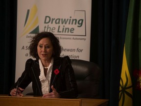 Minister of Justice and Attorney General, Bronwyn Eyre speaks during a press conference on the introduction of the Saskatchewan First Act on Nov. 1, 2022.