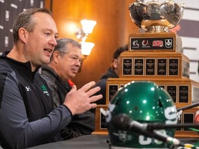 Saskatchewan Huskies' head coach Scott Flory talks about Saturday's Vanier Cup during a Thursday press conference with Laval coach Glen Constantin.