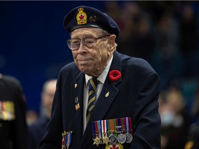 Second World War veteran Bob Atkinson, 98, was honoured at the Remembrance Day ceremony in Saskatoon on Friday.