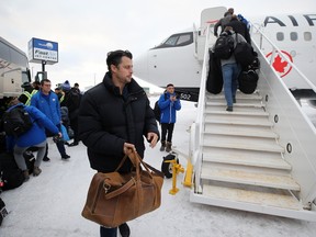Quarterback Zach Collaros and the Winnipeg Blue Bombers depart from Winnipeg International Airport en route to the Grey Cup in Regina on Tuesday, Nov. 15, 2022. Collaros didn't practice with the team on Wednesday.