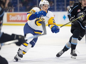 Saskatoon Blades' Tyler Parr hustles into the offensive zone during WHL action against the Winnipeg Ice at SaskTel Centre in Saskatoon on March 4, 2022.