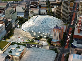 An artist's rendering showing what a proposed new downtown arena might look like.  (Supplied/City of Saskatoon)