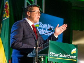 Party leader Scott Moe gives his acceptance speech after the Saskatchewan Party was declared victorious in the provincial election.  Photo taken in Saskatoon, SK on Monday, October 26, 2020.